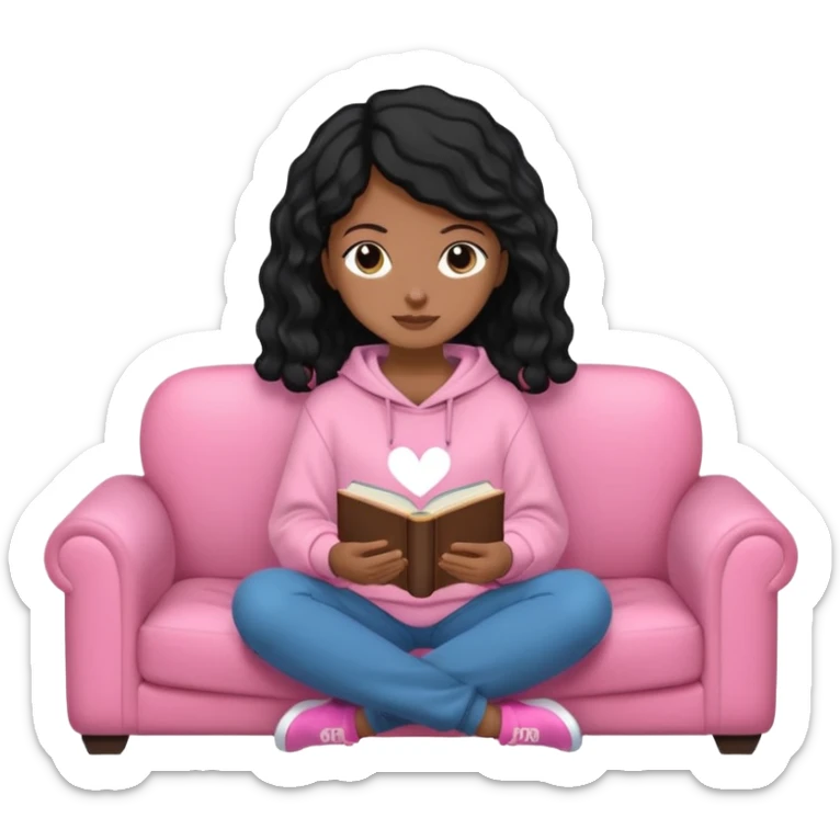 Una chica linda de cabello negro con ondas hasta los hombros de piel blanca con una sudadera rosa en un sofá cómodo y hermoso leyendo la biblia sticker