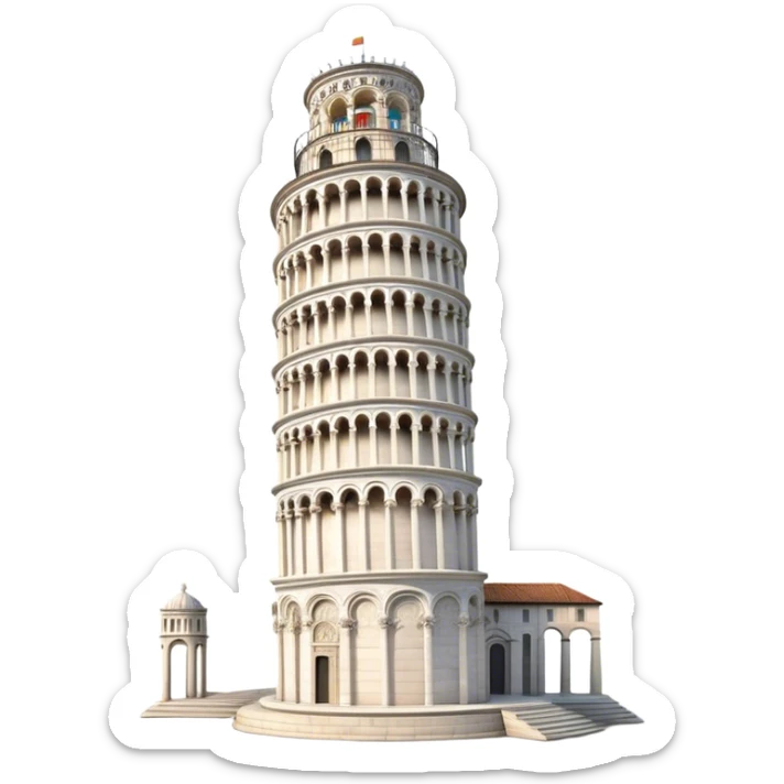 Cinematic Realistic Leaning Tower of Pisa Landmark Emoji, showcasing the iconic medieval tower with intricate stonework rendered with dynamic lighting and detailed textures. sticker