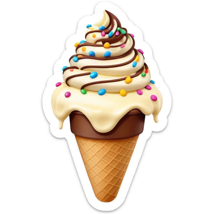 Cinematic scoop of rich, creamy ice cream, slightly melting, smooth swirls of chocolate and vanilla, colorful sprinkles on top, warm glowing background, playful and inviting. sticker