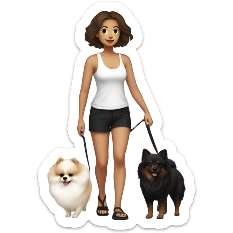 light skin women with brown hair, worn down, parted to the side, wearing black shorts, white tank, black flip flops, walking a white pomeranian on a leash sticker