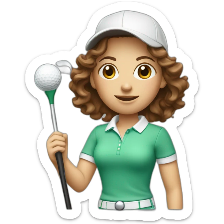female with brown wavy hair dressed in golfwear with golf club and golf ball sticker