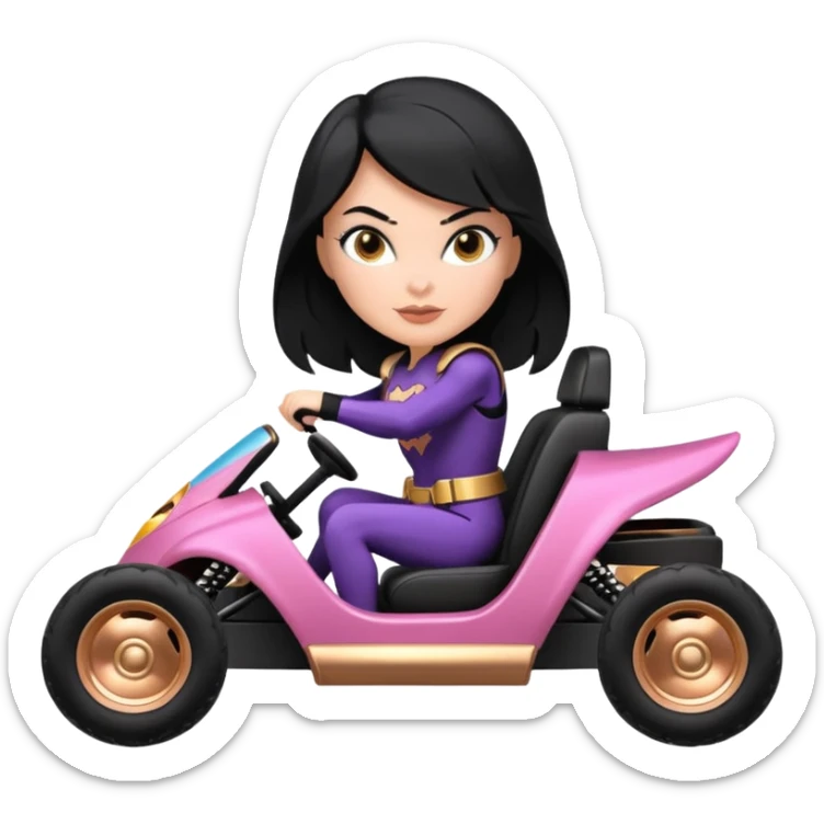 Hot full size real-appearance enclosed electric racing action BatGirl’s feminine midnight-colored tight outfit sixty’s tv show 1992 stealthy retro sporty safe plush petite off-road pursuit cruiser car rose gold accents (black hair,reclined and relaxed torso and shoulder seating position) go kart  sticker