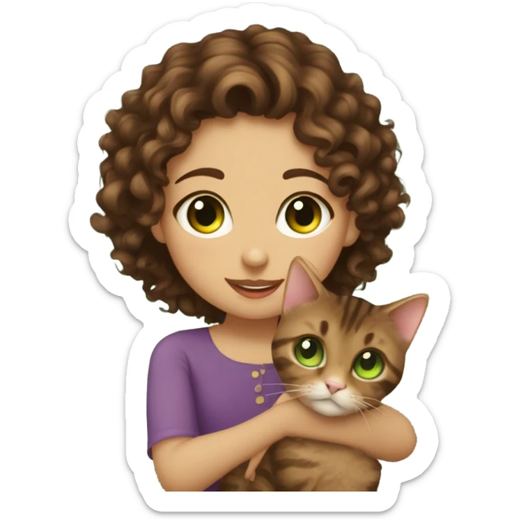 Dark brown curly haired girl with hazel eyes kissing a brown tabby cat with green eyes sticker