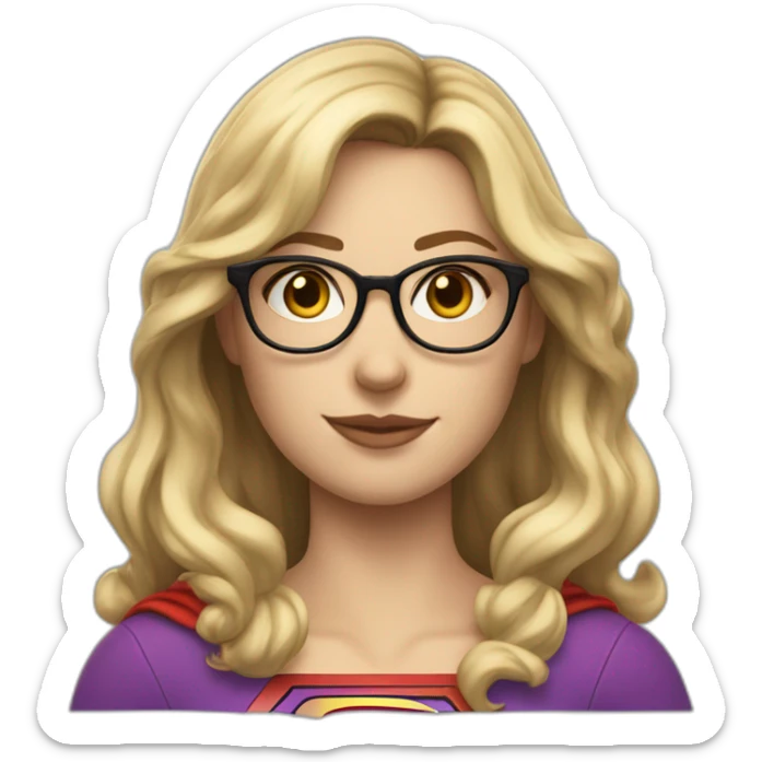 Caucasian Supergirl upper body long wavy hair and glasses with an "F" logo in the chest sticker