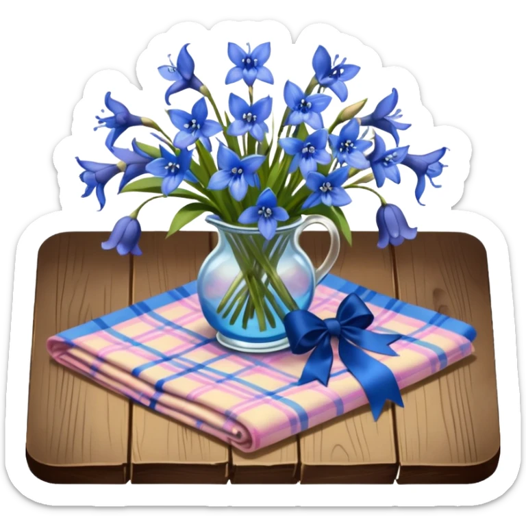 A lush bouquet of bright blue color bluebell black satin ribbon, resting on an antique wooden table, with a pale yellow and pink plaid pattern table cloth sticker