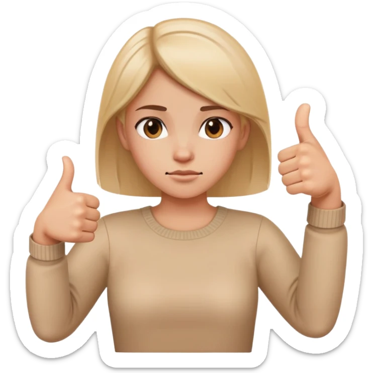 Girl with one hand clearly showing thumbs up gesture and other hand clearly showing thumbs down gesture, distinct opposing hand signals, mixed feelings facial expression sticker