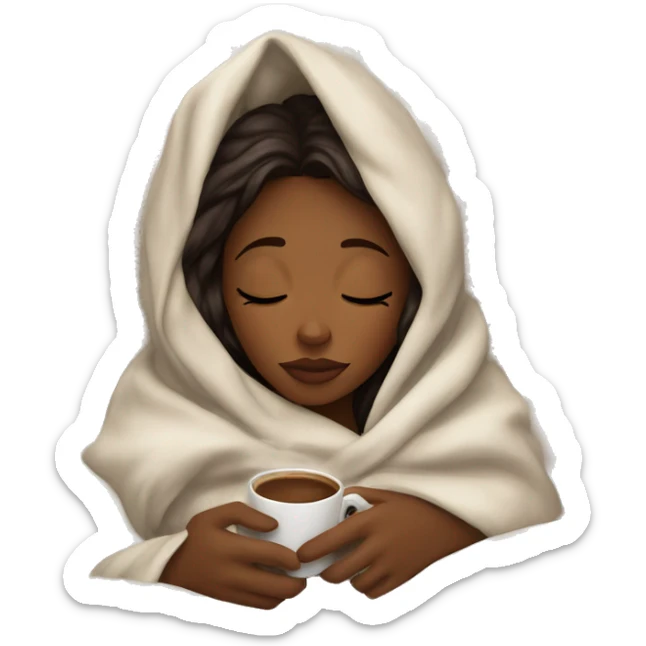 girl inside a blanket sipping coffee eyes closed brown skin  sticker