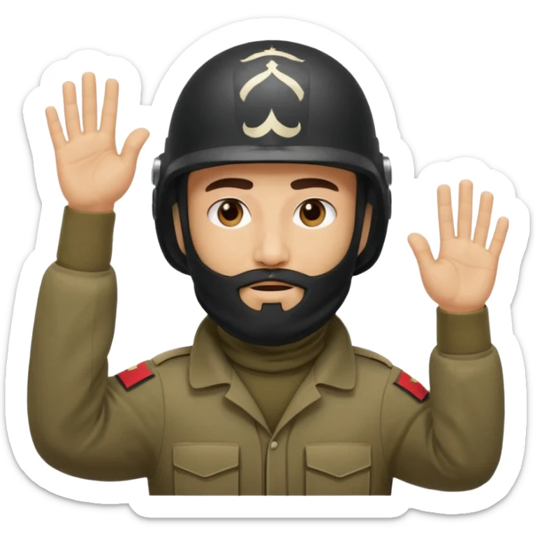 surrenders, depicts an Iraqi soldier from 1980, with a beard, in a helmet, with a balaclava, with a sad face and raised hands sticker
