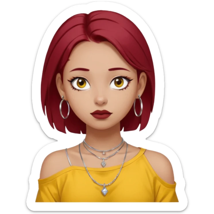 generate a pretty bratz girl with dark brown eyes. Dark red hair straight long. wearing a yellow oversized tee falling off her shoulder, dainty silver necklace, silver hoops, septum piercings. big eyeliner sticker