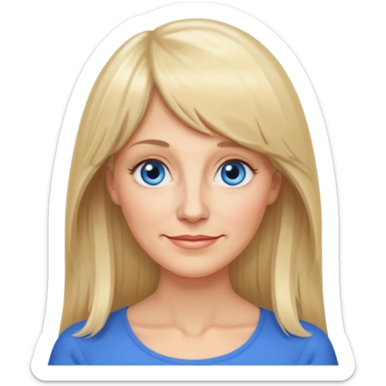 50 yr old white woman, curtain bangs, very long straight blond hair, oval face, small smile, blue eyes, thin face, hair down to elbows sticker