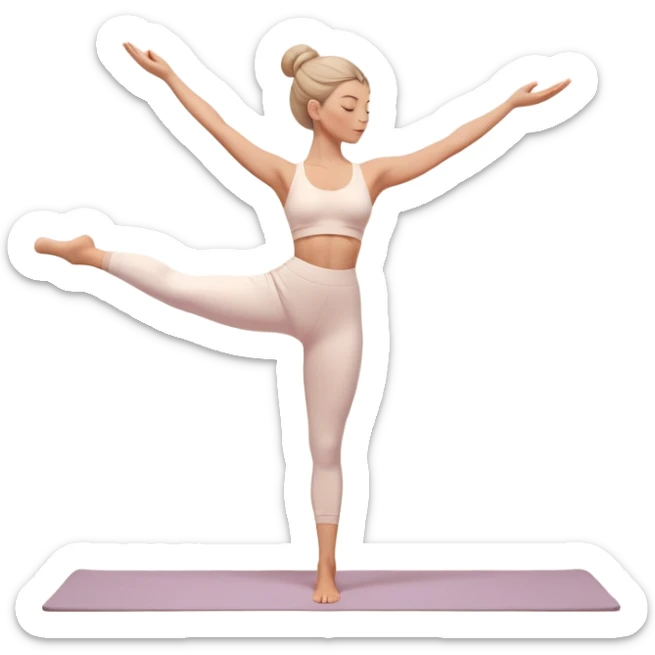 A 3D aesthetic emoji-style illustration of a woman doing yoga in a cozy and minimalist design. She is wearing a soft white yoga outfit and is in a graceful standing pose with one leg lifted and arms elegantly extended. Her skin is warm-toned, and her hair is neatly tied in a bun. The color palette is soft and pastel, featuring beige and warm tones for a soothing, relaxing aesthetic. The design should be smooth, high-quality, and visually similar to Apple’s emoji style but with a softer, more aesthetic touch. sticker