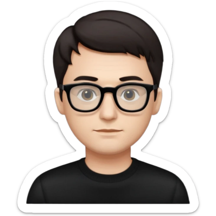 crea un uomo con i capelli corti scuri, occhiali da vista neri rettangolari e un maglione nero sticker