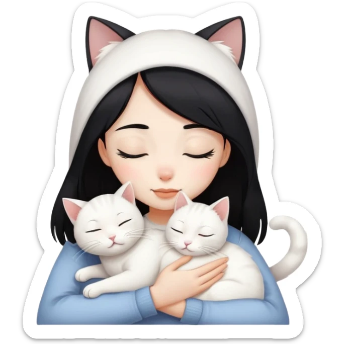 a black hair closing eyes girl hugs a white jinjila cat,the cat’s eyes are open sticker