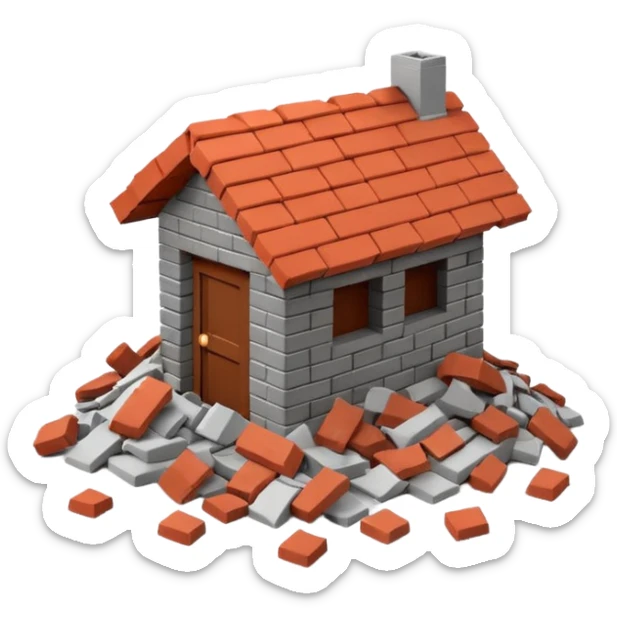 3D iPhone style emoji of a pile of bricks, roof pieces, and wall rubble, scattered and broken, isolated on white background, soft shadows, high detail, playful and cute sticker