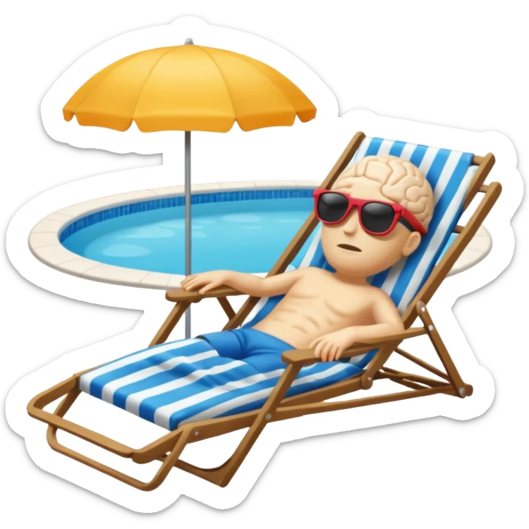 A brain (no body)  lies in a deck chair wearing sunglasses at the edge of the pool. sticker