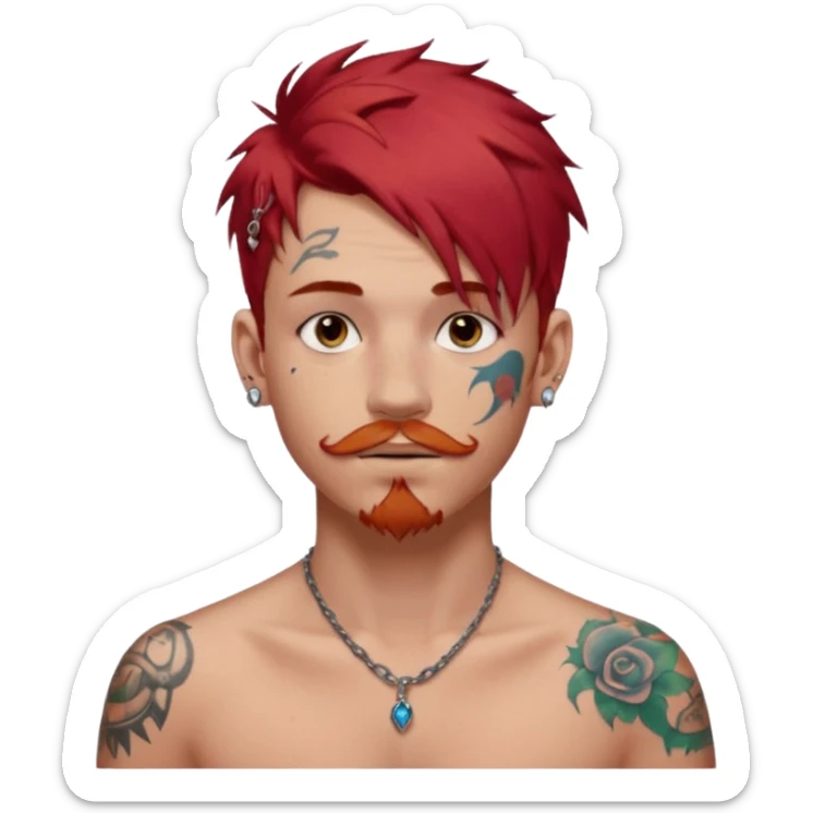 generate an ios genmoji of a 20 year old boy with shoulder length hair messy very messy dyed red hair. ear piercings. a lot of tattoos. and a faint stubble mustache sticker