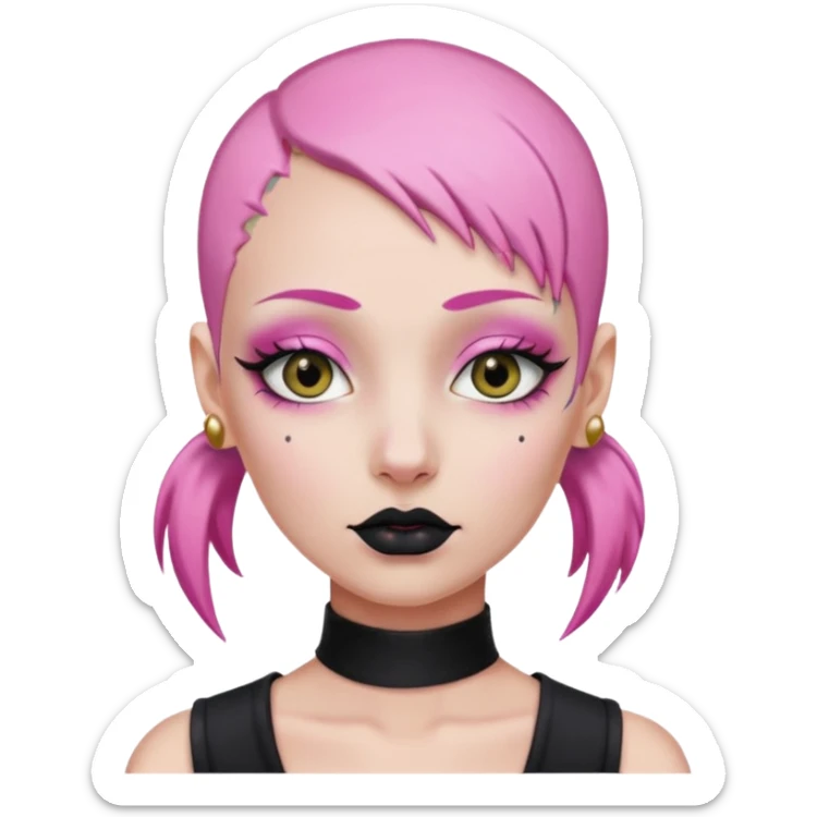 bald person with pink hair, black lipstick, pink eyes, no eyebrows, gold lip piercing, pink eye makeup sticker