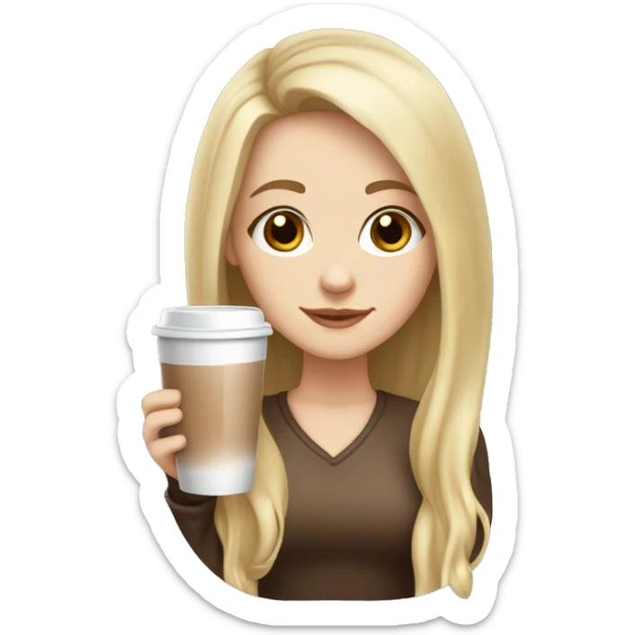 white girl with brown eyes and blonde long hair and a hot chocolate sticker