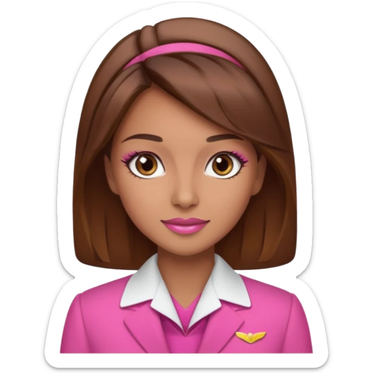 Flight attendant with pink outfit tan skin brown hair with highlights pretty makeup sticker