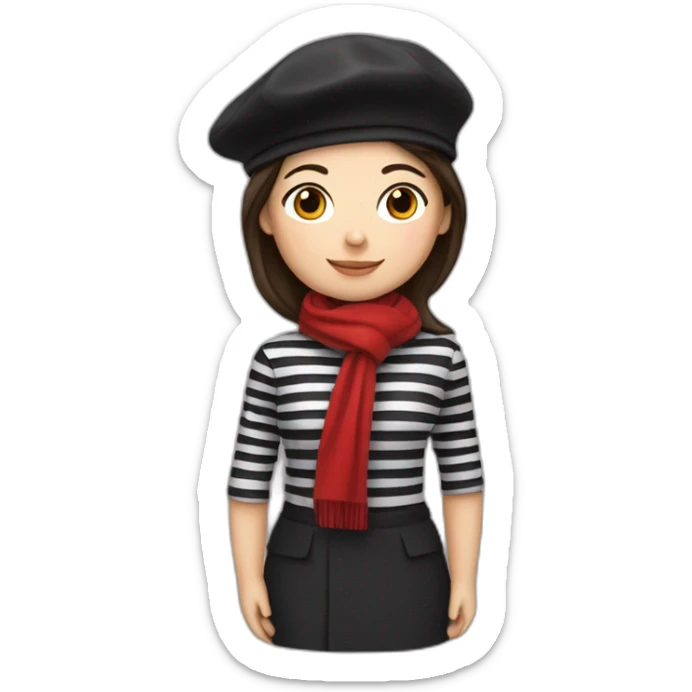 a french brunette girl with a beret, black and white striped clothes, a red scarf and a baguette on his back. sticker