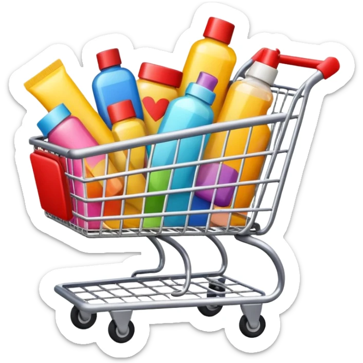 emoji of beauty products are flying into shopping cart
 sticker