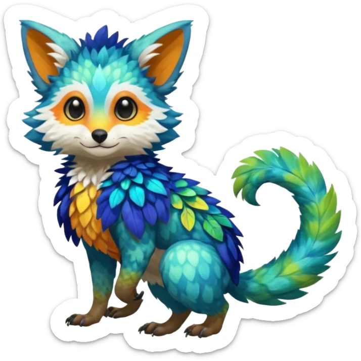 Colorful tropical exotic shiny beautiful fantasy-Trico-Cacomistle-oncilla-animal-Fakémon-hybrid-fursona (full body) sticker