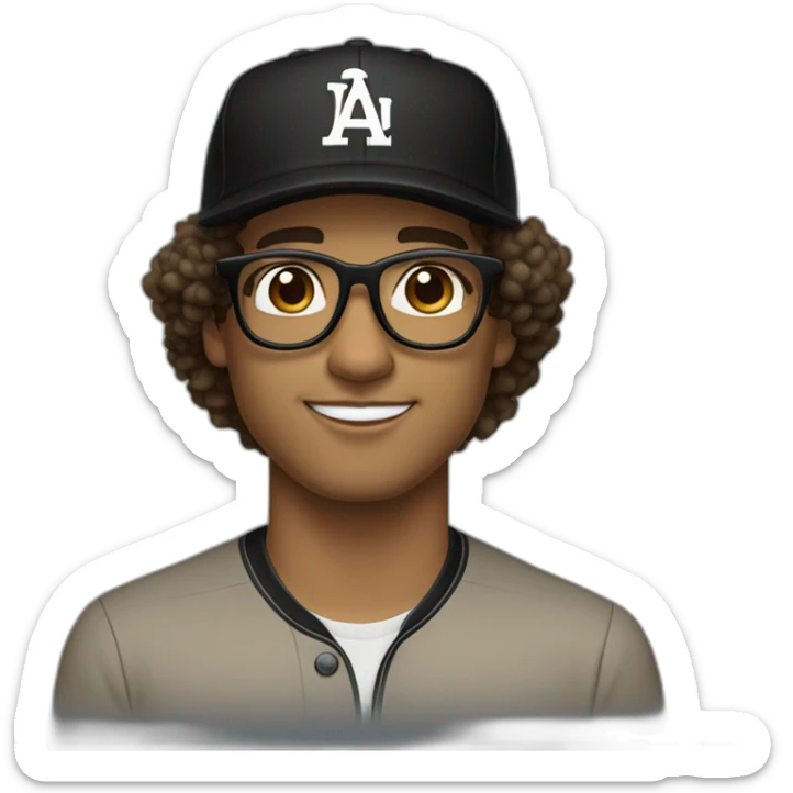 Light brown Latino man with big curly hair wearing black glasses brown eye and black baseball hat sticker
