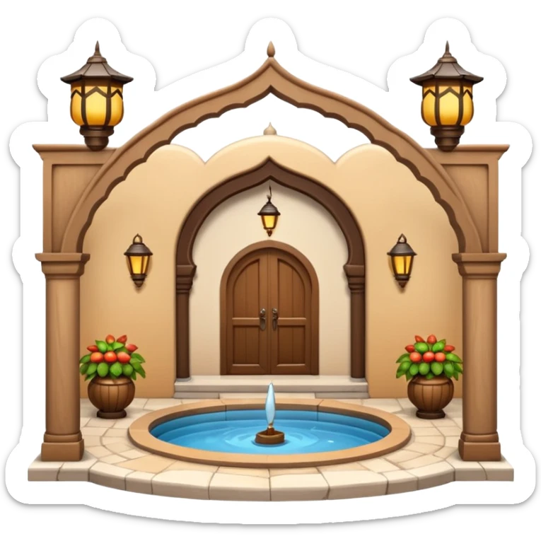 3D Apple-style emoji of a traditional Turkish han with courtyard, arches, fountain, wooden doors, and hanging lanterns. Rounded, glossy, smooth, soft shadows, white background.







 sticker