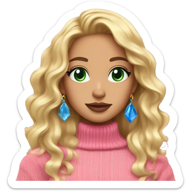 girl pink sweater pink lipstick green eyes blue earrings pink nails golden wavy long hair full body sticker