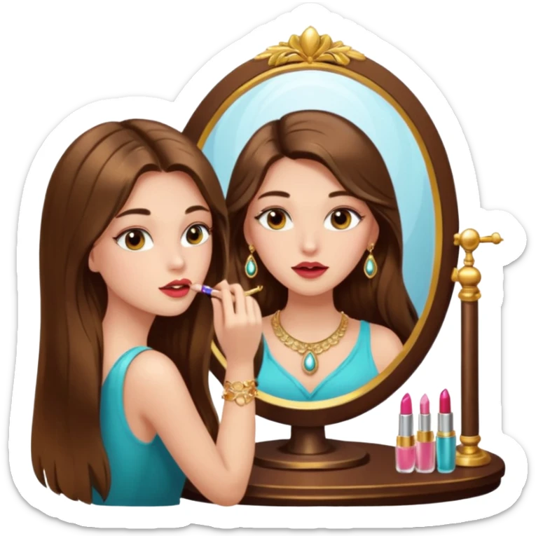 Girl with long brown hair, gold jewelry, and lashes, putting on lipgloss while looking in a mirror  sticker