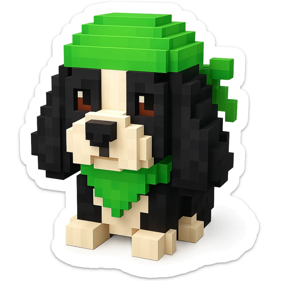 A black and white Russian Cocker Spaniel puppy wearing a green durag, voxel style, facing forward sticker