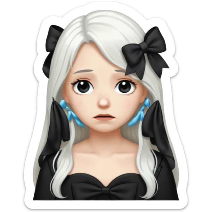 white long hair girl with black bow on her hair wearing black gown with a sad face sticker