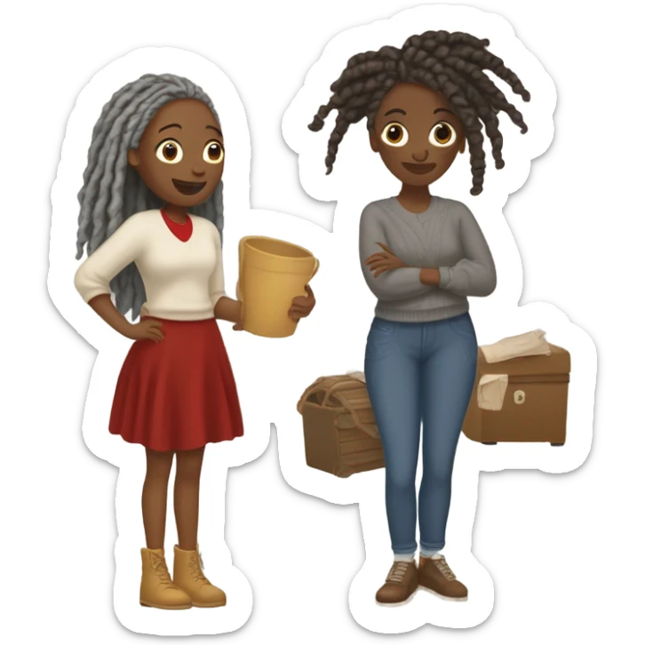 2 women, woman with gray locs, wearing pants , other woman is brown with red locs, in a knee-length dress with a cozy sweater, looking at antique items, shopping in yardsale sticker