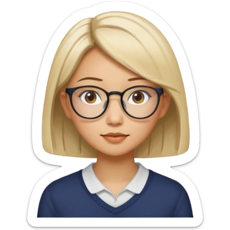 asian looking female with slight blonde hair a little longer  with eye glasses, fair complexion not that pointed nose but slighty little eye please make the hair longer shoulder length make the hair more longer sticker