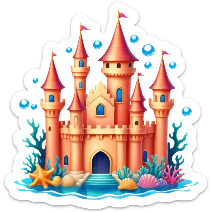 Ariel's underwater castle from The Little Mermaid, golden spires, colorful coral, seashell architecture, bubbles sticker