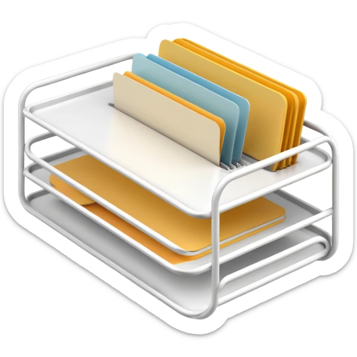A minimal, clean emoji-style illustration of a white metal desk paper organizer tray, shown in slight isometric view so its structure is readable at a small scale. The organizer is rectangular with rounded corners, made of thin white metal wires, forming two to three stacked horizontal slots. sticker