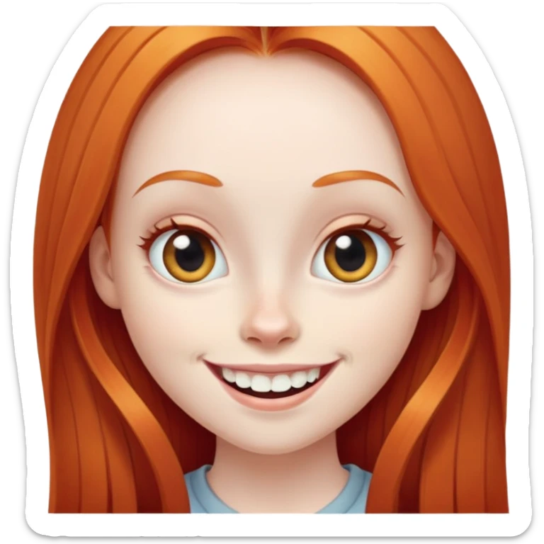 traditional emoji of young girl with very pale skin, long straight bright ginger red hair, very big wide human eyes, wide nose, big smile with extremely large prominent teeth showing, classic round face sticker