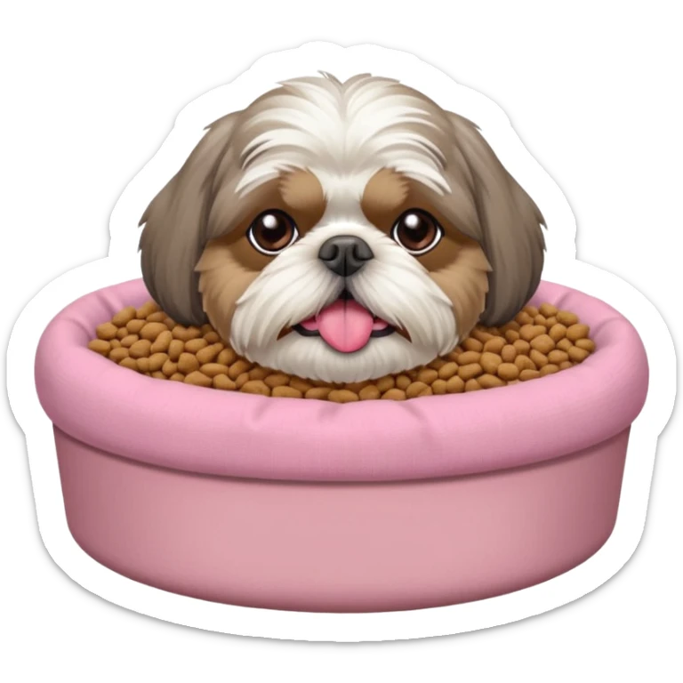 old ALL grey shih tzu in pink dog bed tongue hanging out near bowl of food sticker