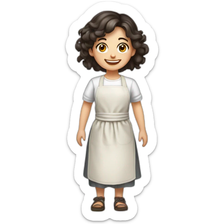 Slavic girl with dark hair in a white T-shirt and apron smiles with a rag in her hands and her hands on her sides sticker