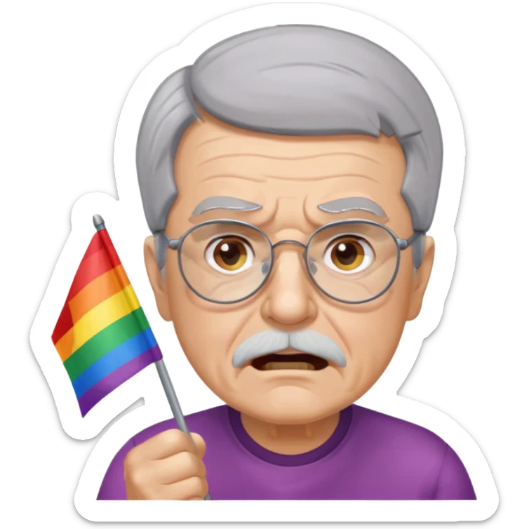 make old old man like 80 with gray hair and fur has HUGE EYE brows and glasses and is always mad and gay holding the rainbow flag sticker