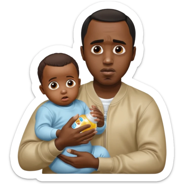 Sean “Diddy” Combs with baby oil and a very small infant and he’s pouring the baby oil on the baby and they have a scared face they’re really scared sticker