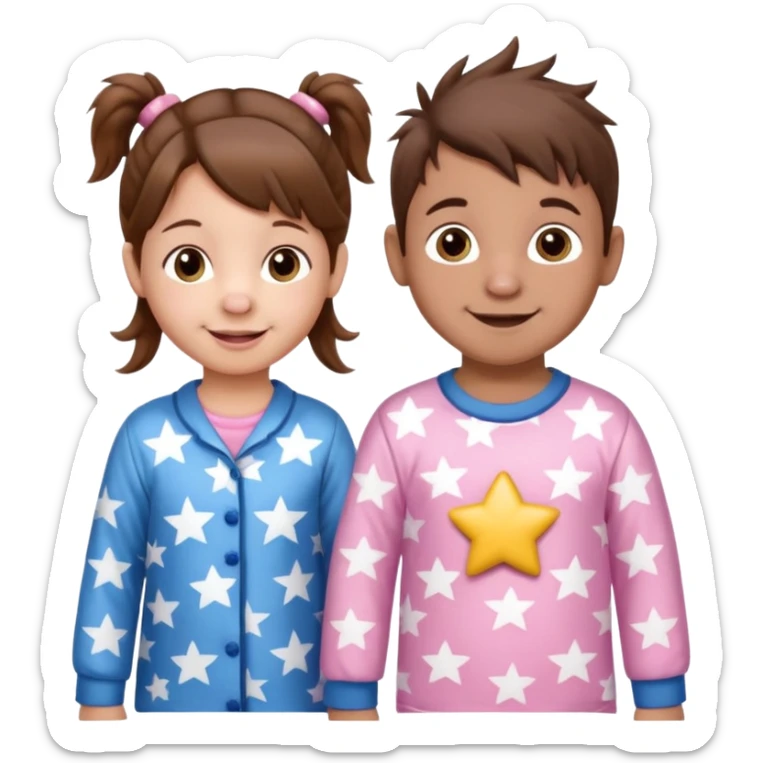 A toddler girl with brown hair with two pig tails, wearing pink pajamas with white stars on them. With a 4 year old boy with spikey brown hair, wearing blue pajamas with white stars on them. Both light skin and smiling. sticker