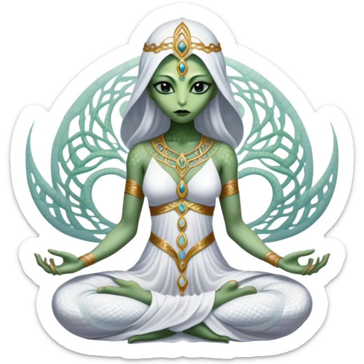 a Reptilian alien woman,in meditation, white dress like a priestess sticker