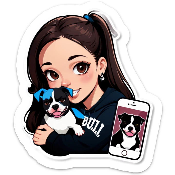 Slightly overweight beautiful girl with choppy long dark hair with her nose piercing and her black iPhone with her her pet pit bull girl with an underbite layed next to her sticker