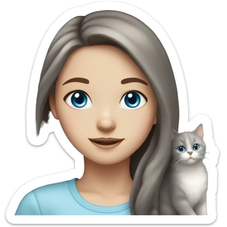 Girl with long brown hair and white skin and light blue eyes with a grey fluffy cat sticker