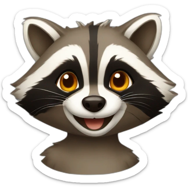 a small brown raccoon with orange eyes and a dark green hood that is laughing sticker