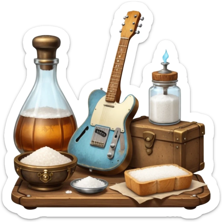 cinematic ultra HD steampunk victorian - a bottle of salt (salt shaker) and a loaf of peasant bread with a small electric telecaster guitar - still life composition sticker