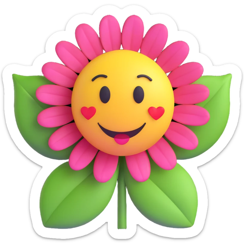 3D smiley emoji, nagy szempillás, virággal, szerelmes sticker