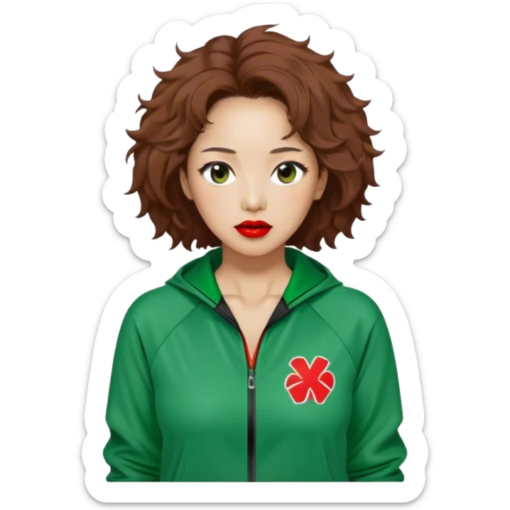 Han Mi-nyeo : Age: Late 40s
Appearance: A middle-aged woman with frizzy, messy brown hair and dramatic red lipstick.
Outfit: Green player tracksuit sticker