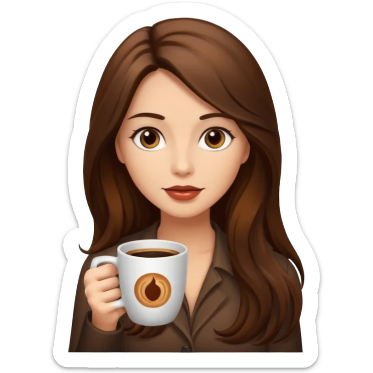 Brown long haired sexy woman with dark brown eyes with cup of coffee sticker